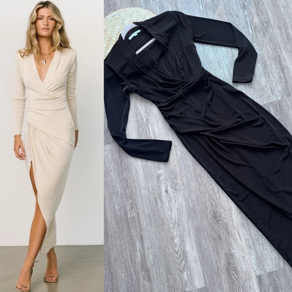 Baltic born pierce shimmer gown in black long sleeve midi dress